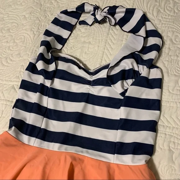 Jessica Rey swimwear size Medium swim dress striped pink skirt bathing suit - Picture 2 of 11